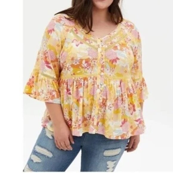 TORRID Plus Size 1X Baby Doll Top Yellow floral Ruffle Blouse - Picture 2 of 11